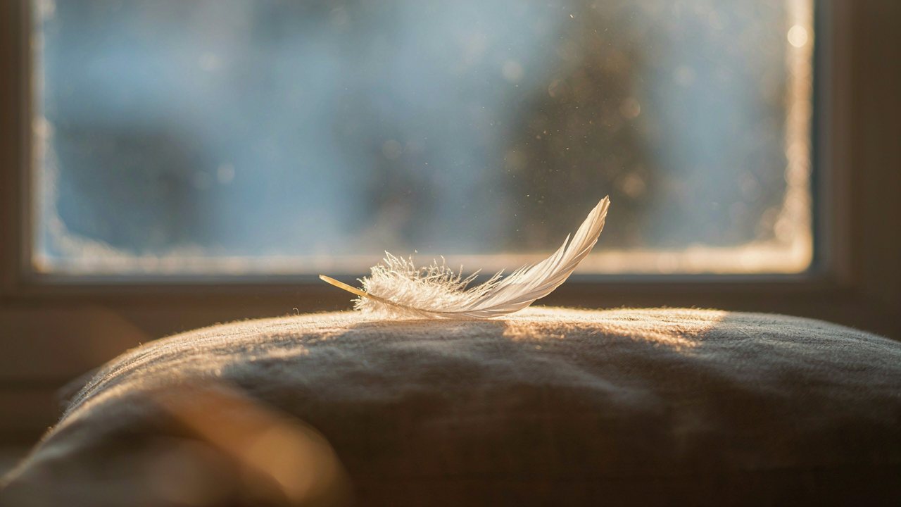 Weisse Feder im Winterlicht vor einem Fenster